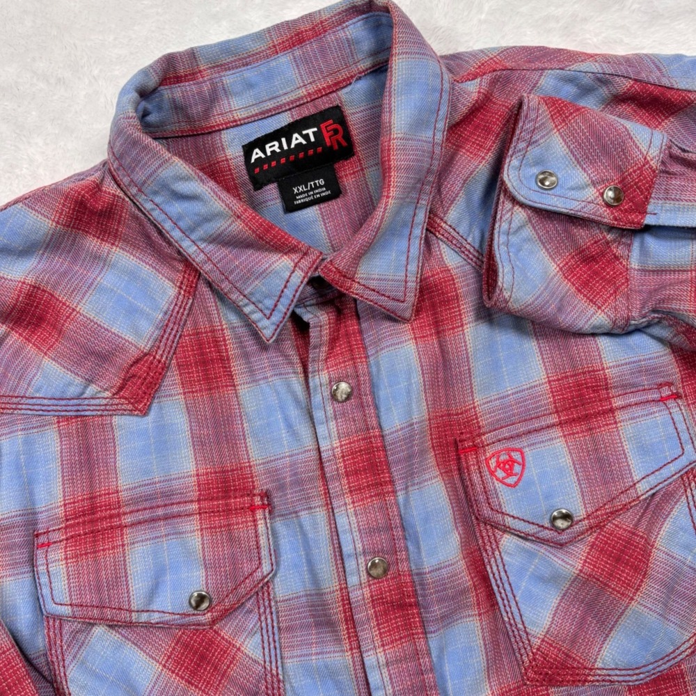 Ariat FR Western Work Shirt Mens XXL Blue Red Plaid Flame Resistant Pearl Snap
